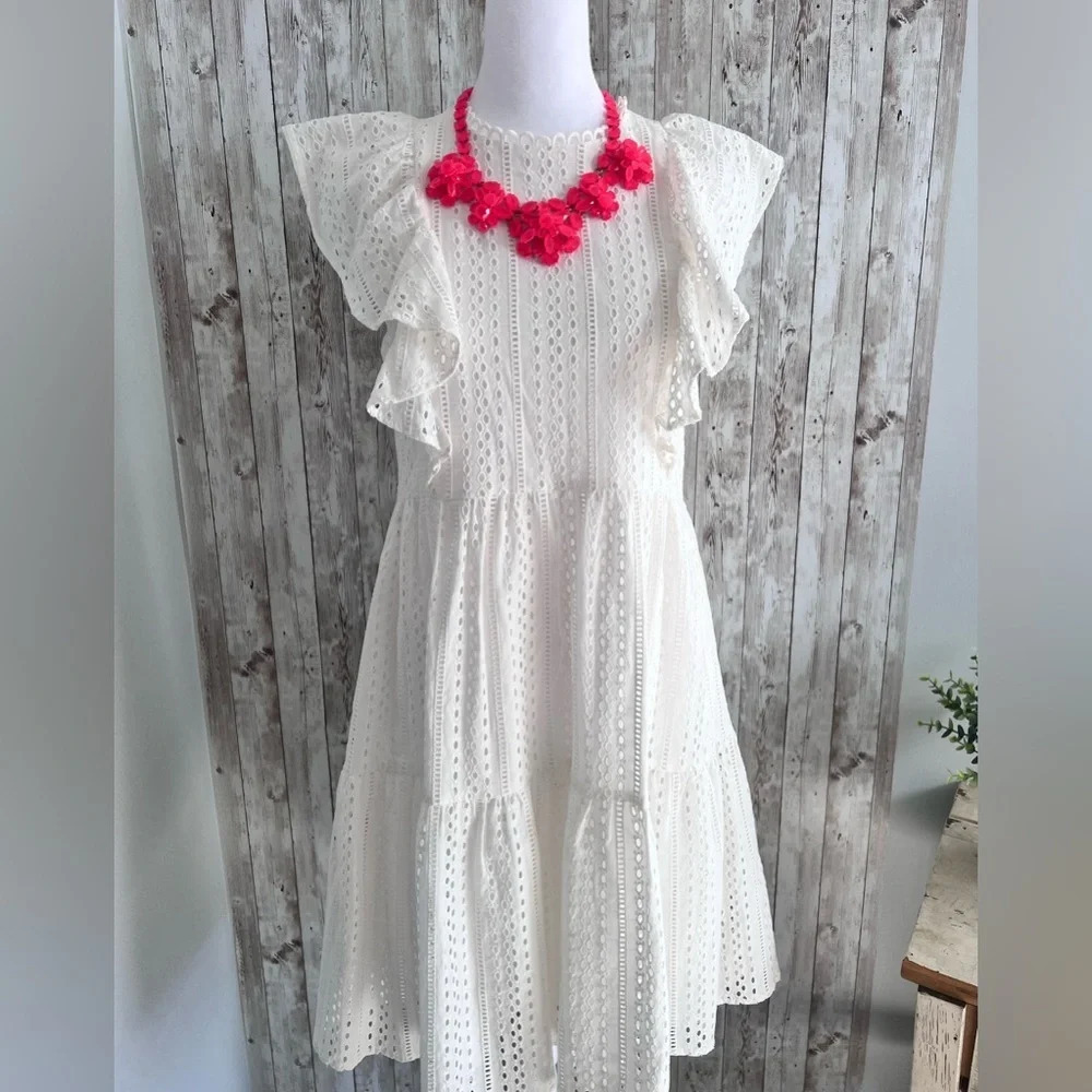 CROSBY by Mollie Burch White Eyelet Lace Dress Flutter Sleeve  XS